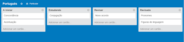 Quadro de estudos de Português no Trello