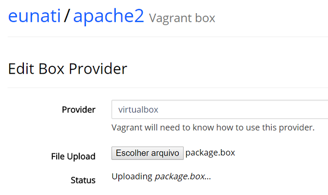 Escolha o provider e faça o upload do arquivo .box