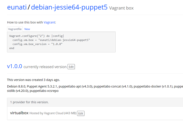 Box eunati/debian-jessie64-puppet5 na Vagrant Cloud