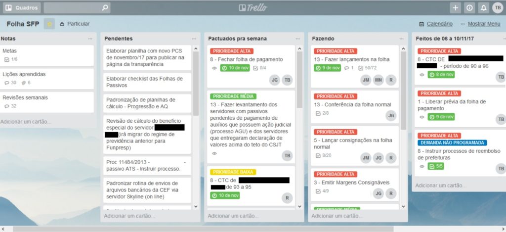 Figura 1 – Quadros criados na ferramenta Trello